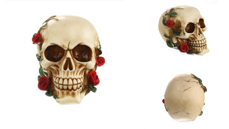 Gothic Rose Skull Statue Decorative Ornaments Resin Crafts Human Head Replica Halloween Decoration Sculpture Home Decor